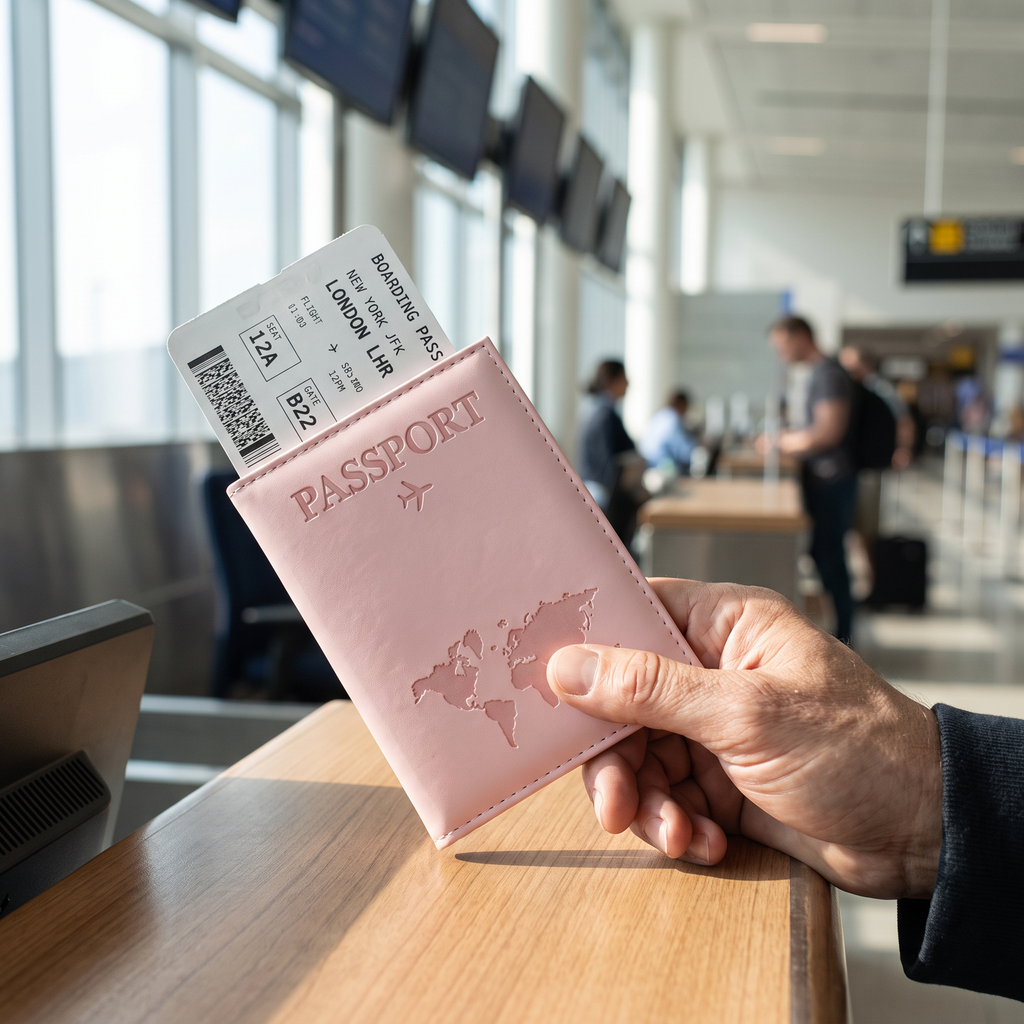Map print passport cover in real-life use at airport check-in