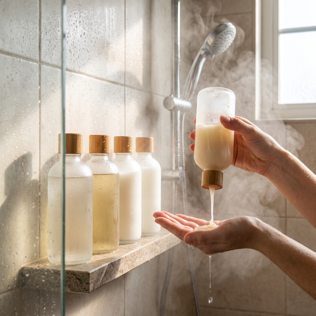 Refillable toiletry bottle set in real-life bathroom use