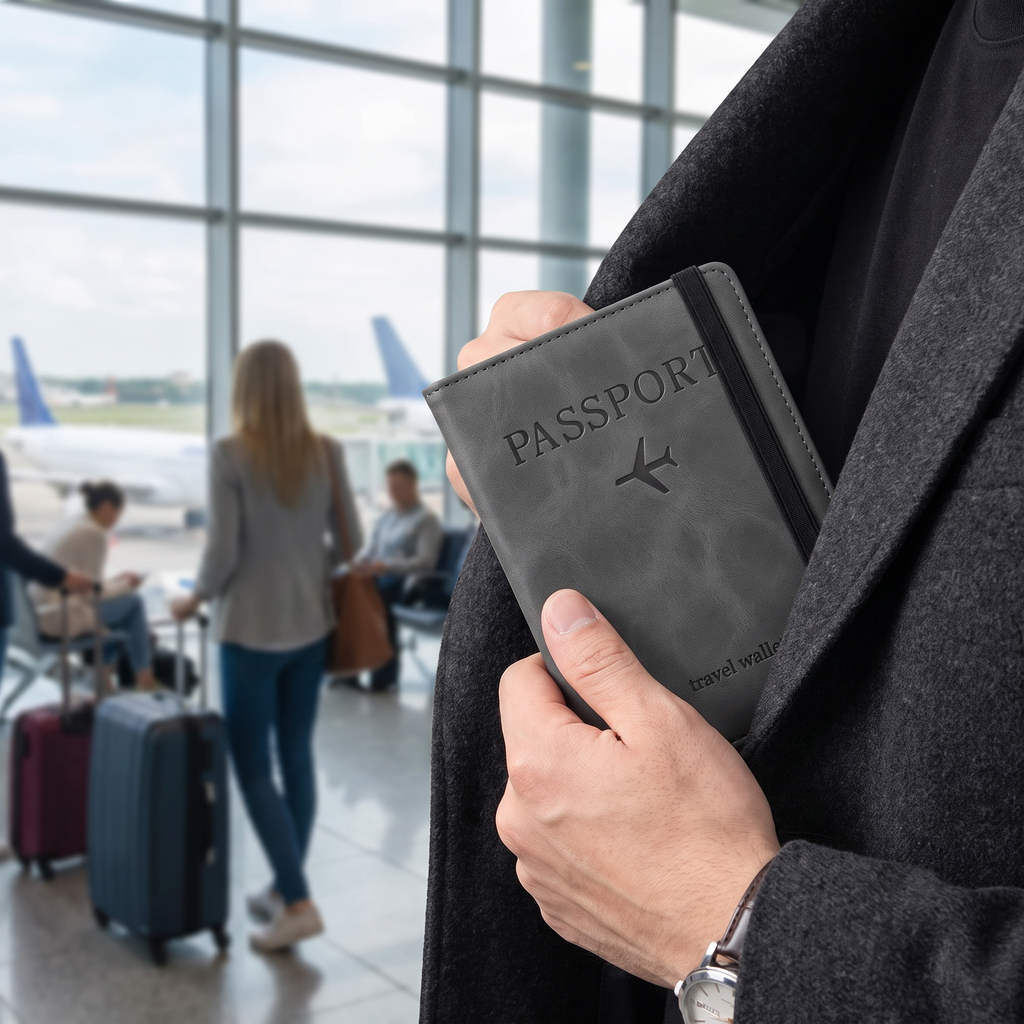 Passport book holder, Grey, real-life use