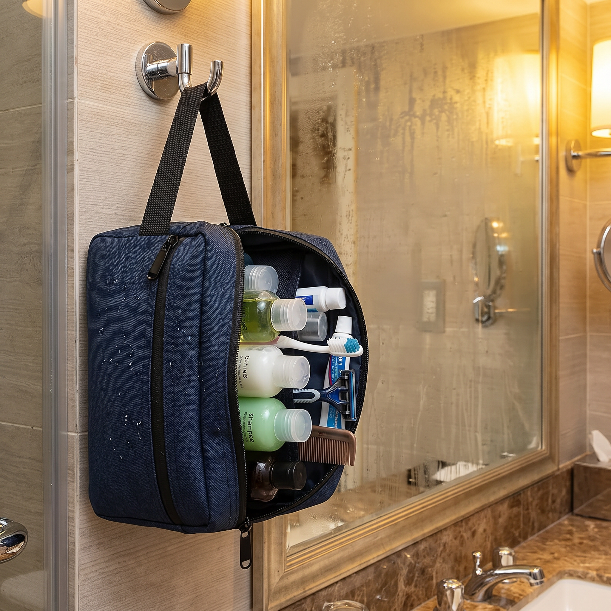 Waterproof toiletry bag, Dark Blue, real-life use