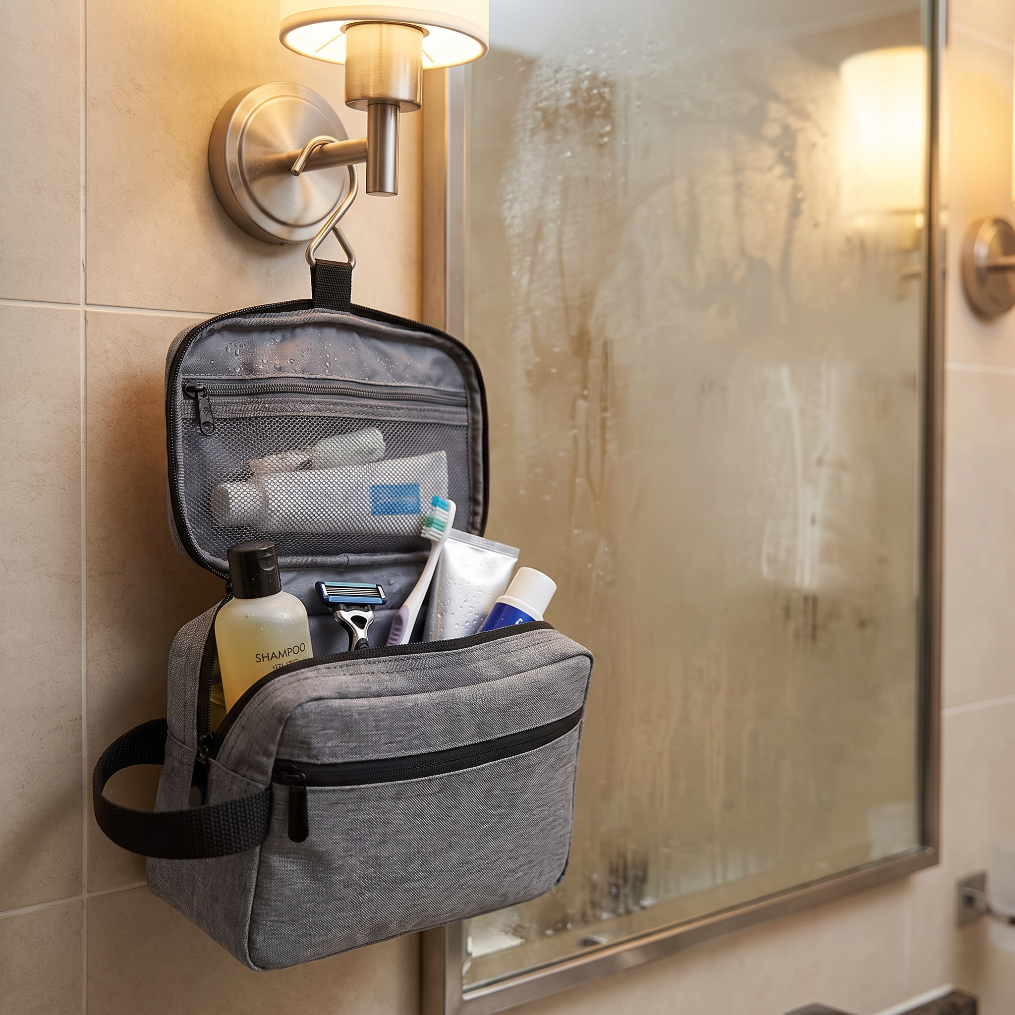 Waterproof toiletry bag, Grey, real-life use