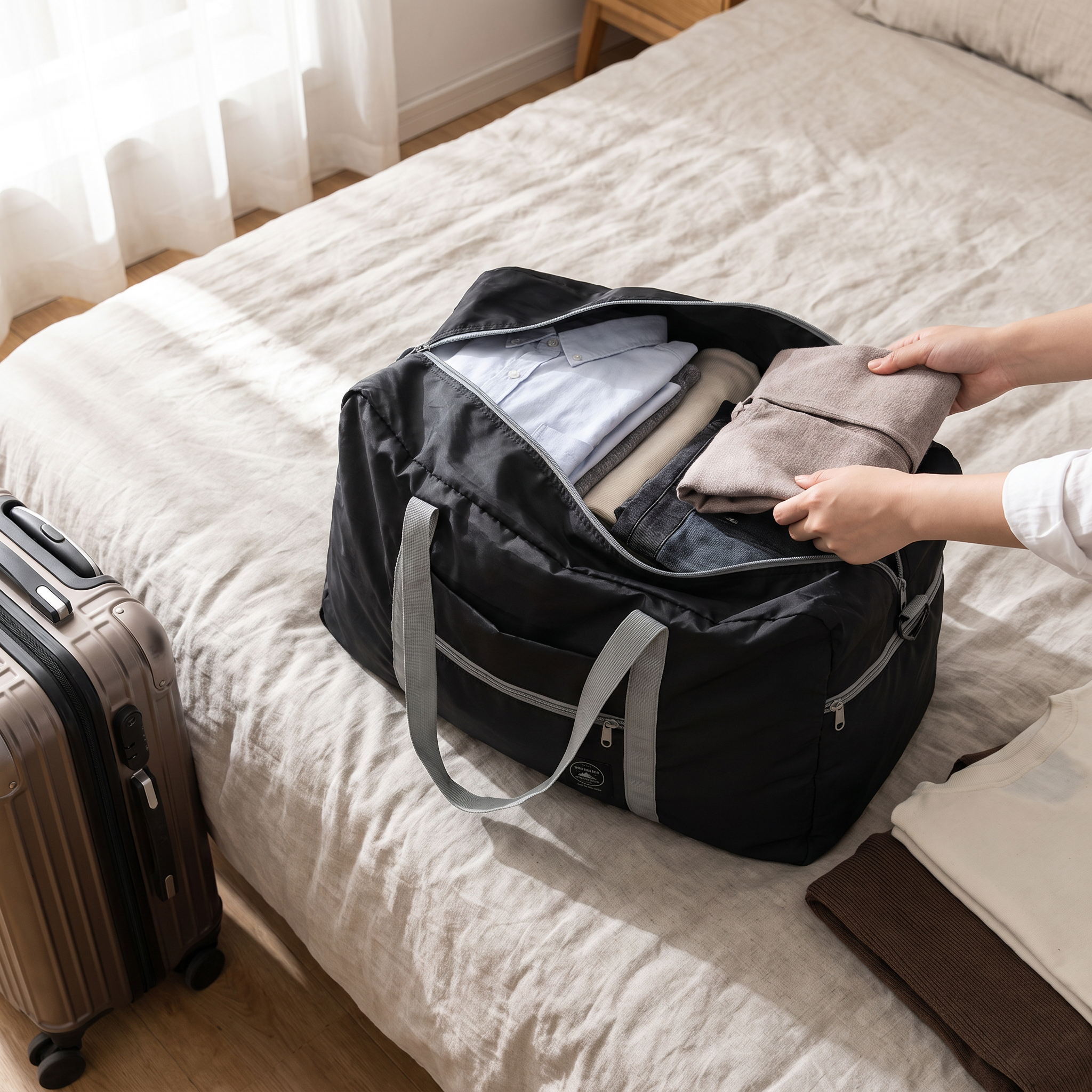Foldable travel storage bag, black, real-life use