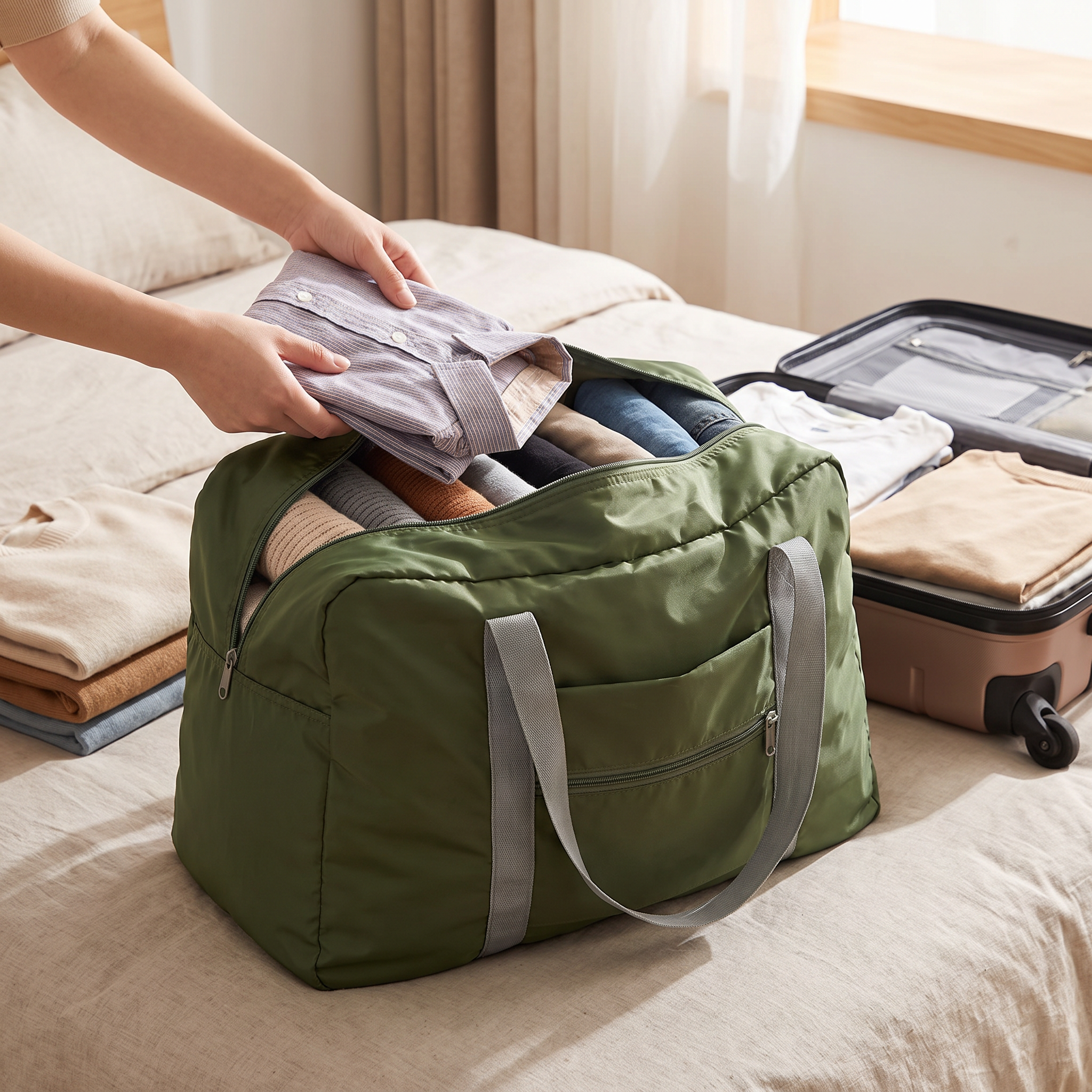 Foldable travel storage bag, green, real-life use