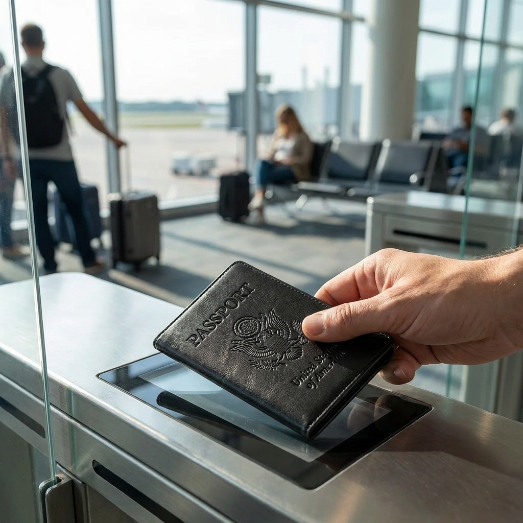 RFID leather passport wallet in use at airport security
