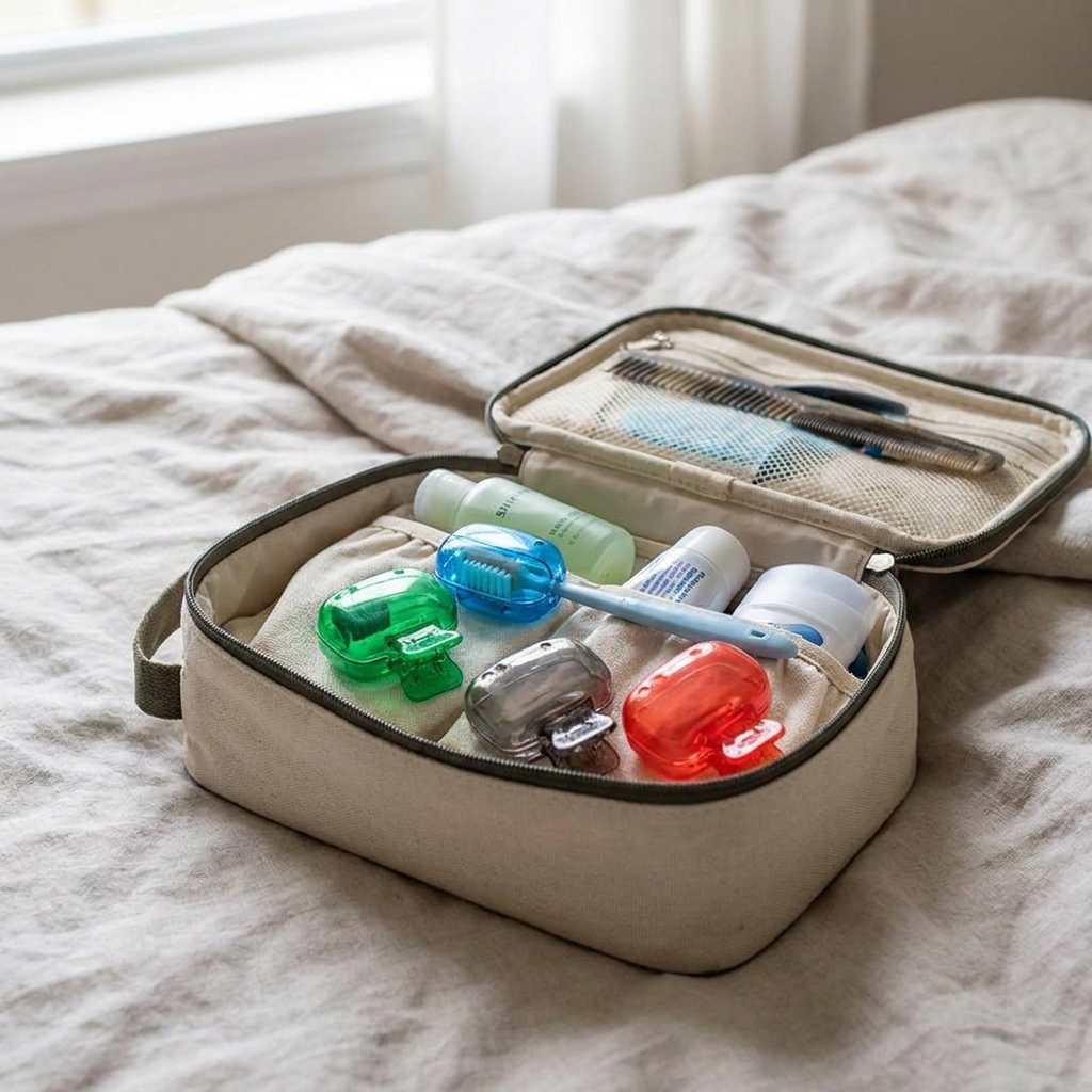 Toothbrush cover set packed for travel