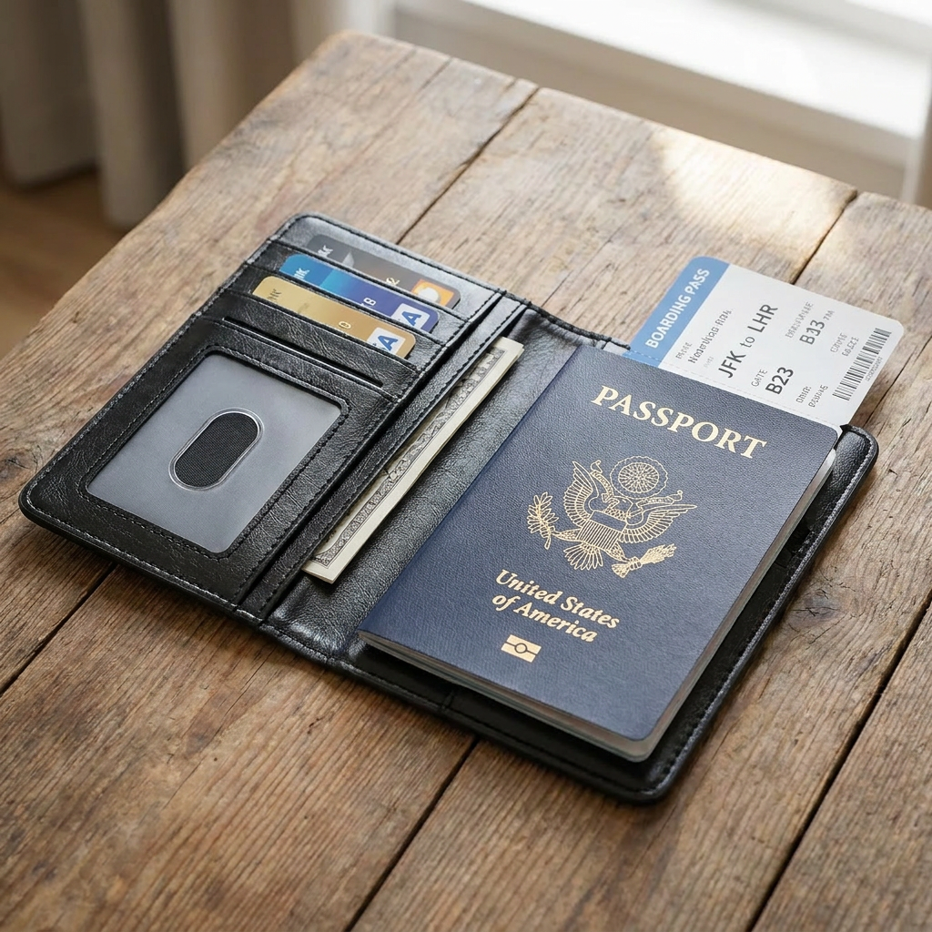 RFID leather passport wallet open, close-up detail