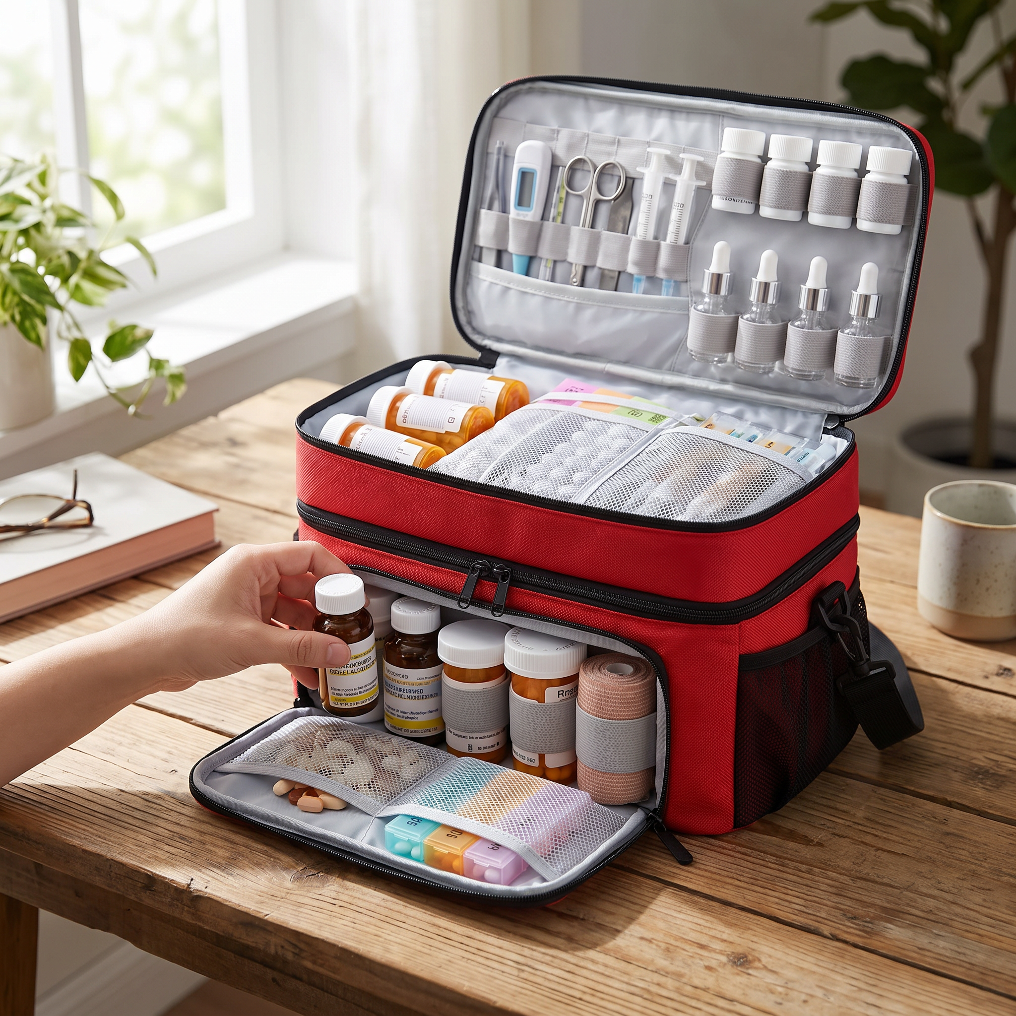 Travel medicine storage bag in real-life use