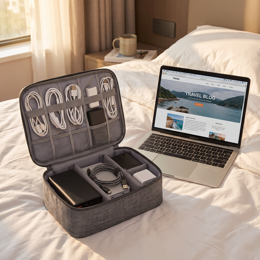 Travel electronics pouch in real-life use