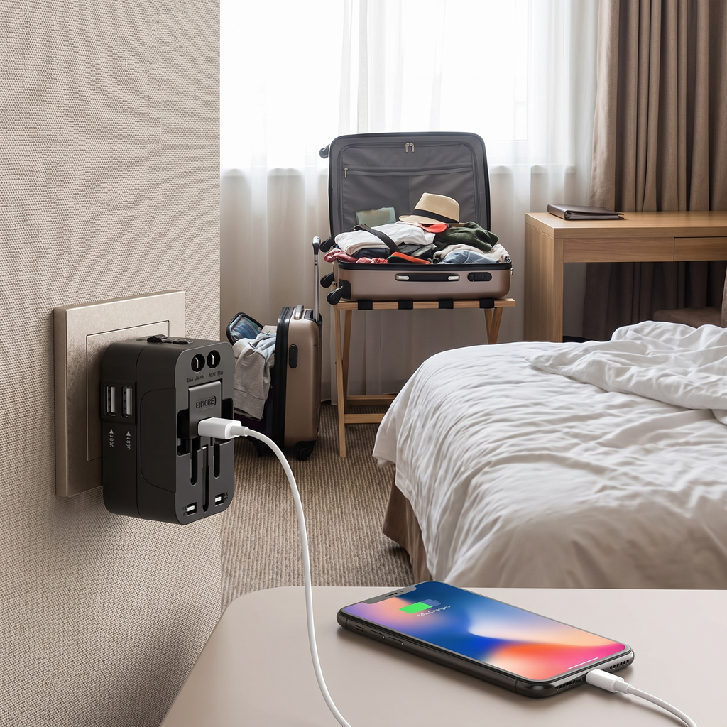 Universal travel adapter in real-life use
