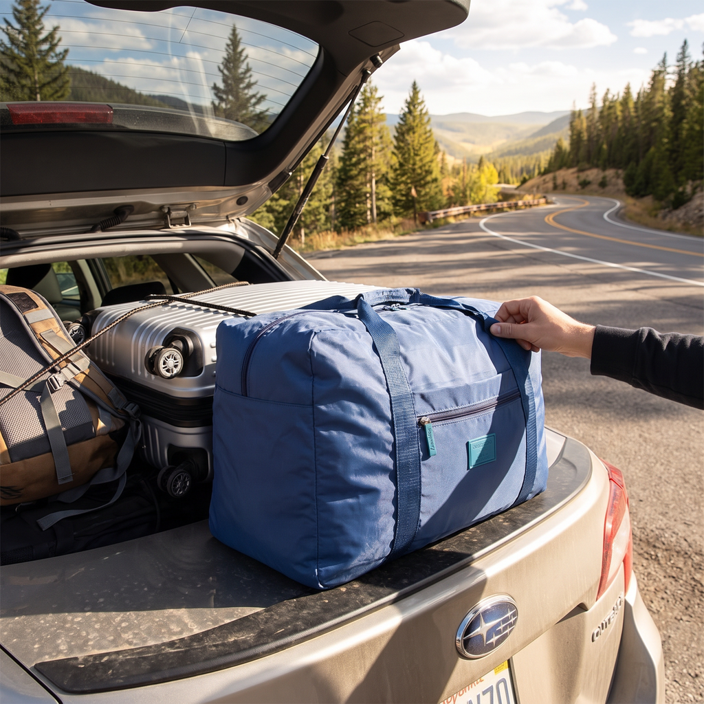 Foldable travel duffel bag in real-life use