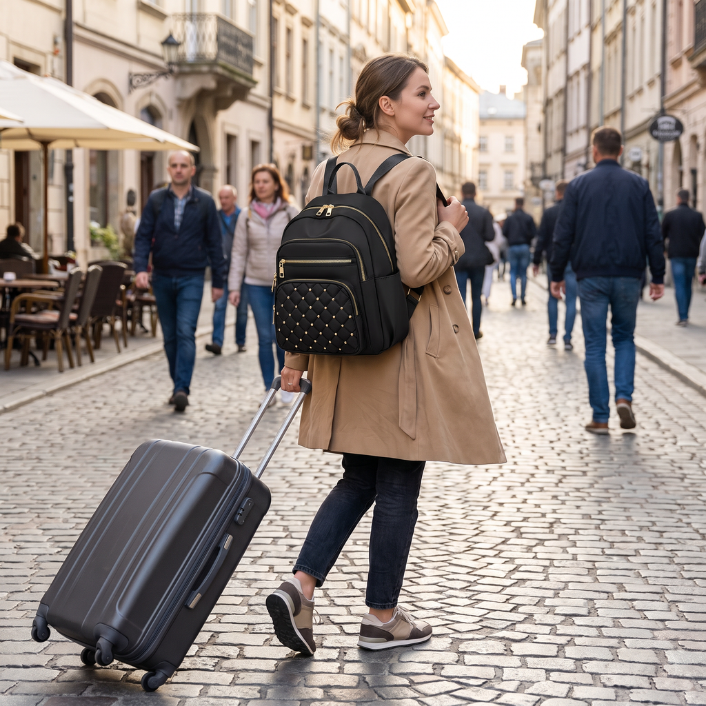Multi-purpose travel backpack in real-life use