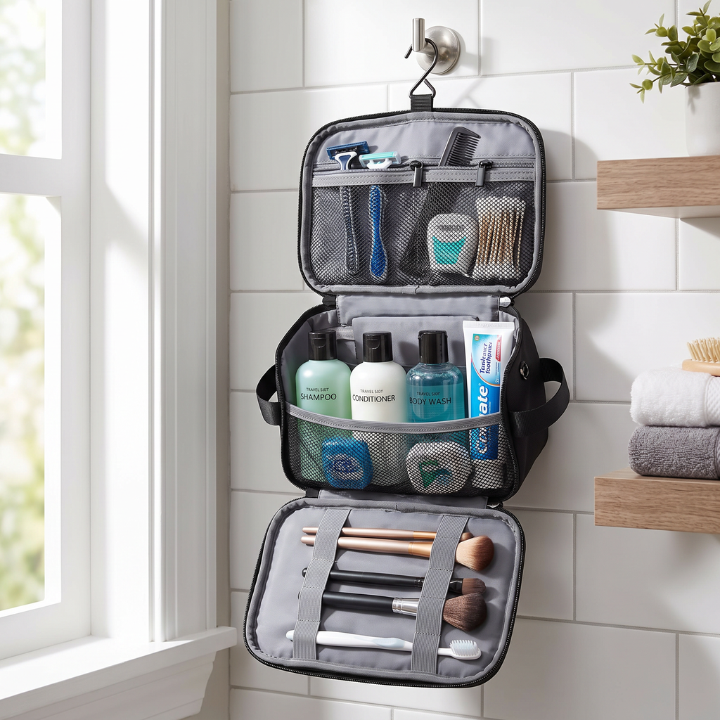 Travel toiletry bag in real-life use