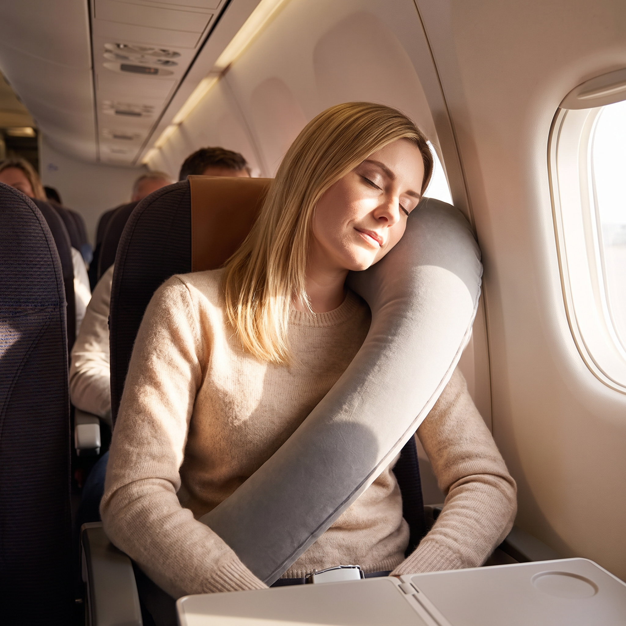Inflatable travel sleep pillow in real-life use