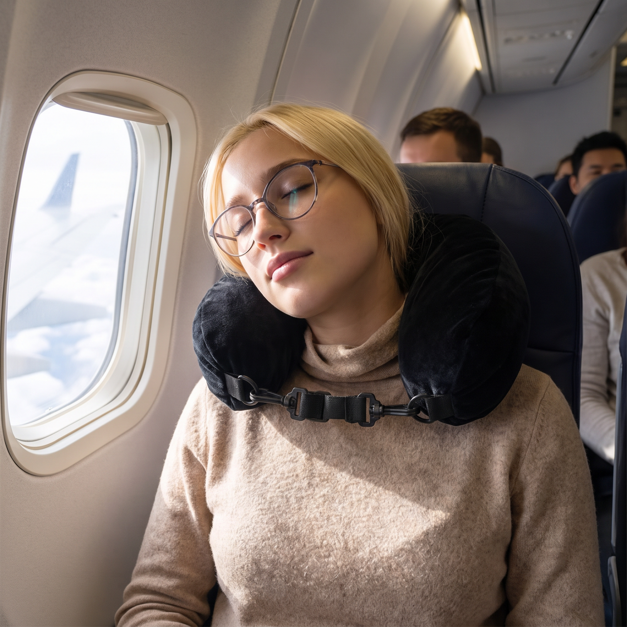 Adjustable travel neck pillow in real-life use