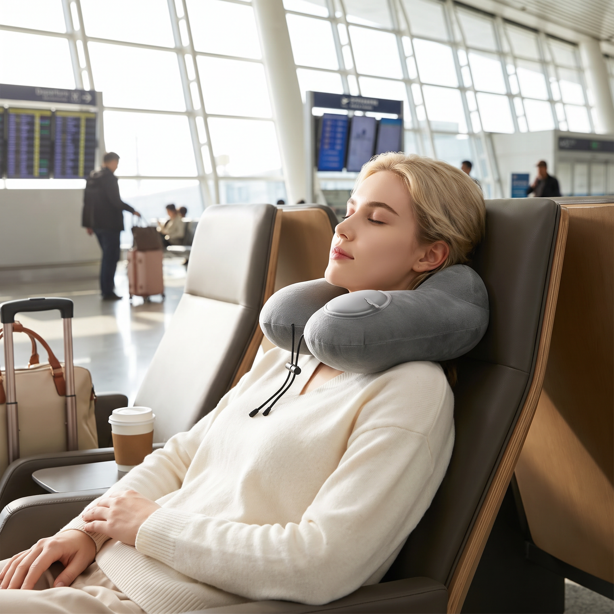 Inflatable U-shape neck pillow in real-life use