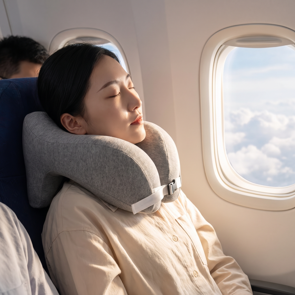 Memory foam travel neck pillow in real-life use