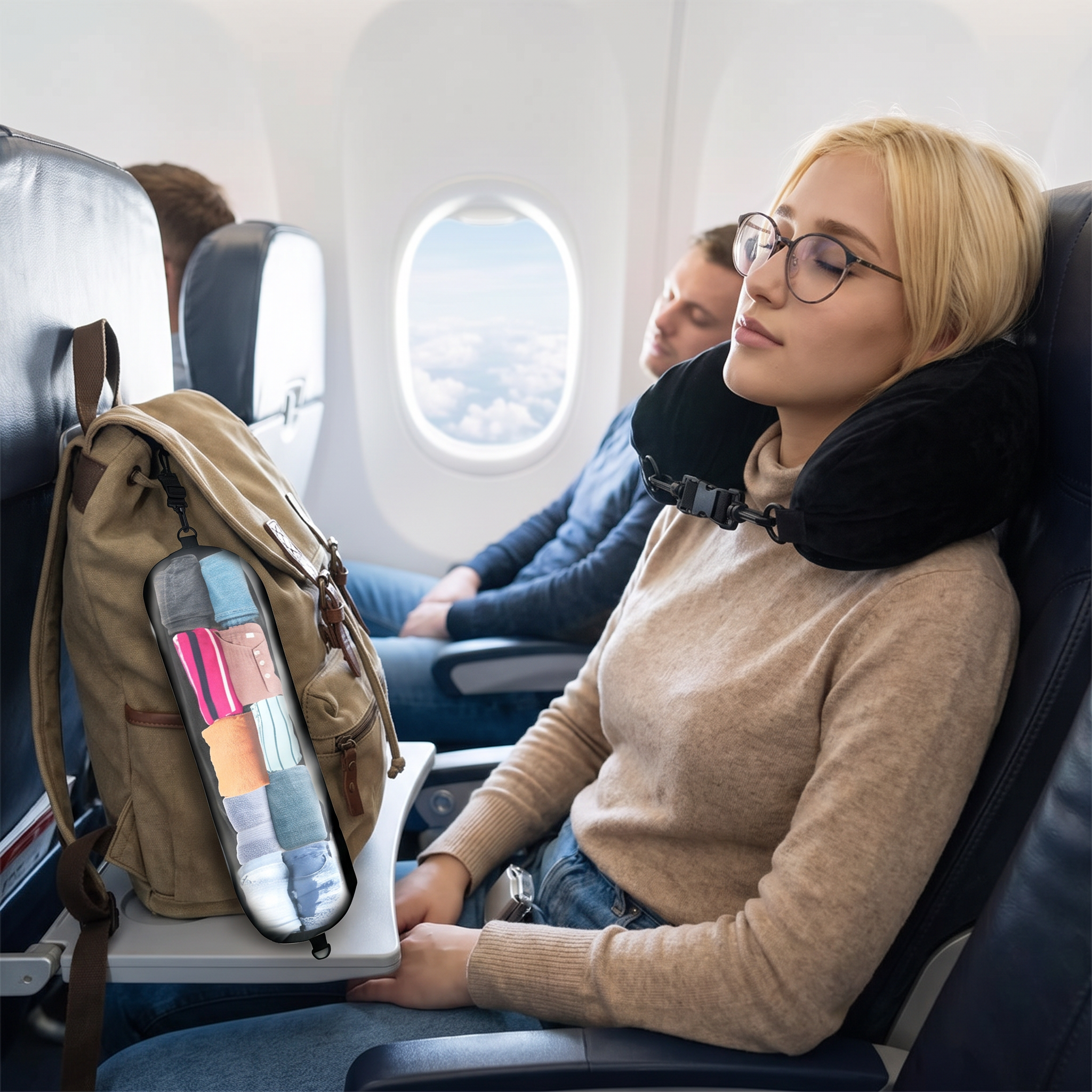 Neck pillow with travel pouch in real-life use