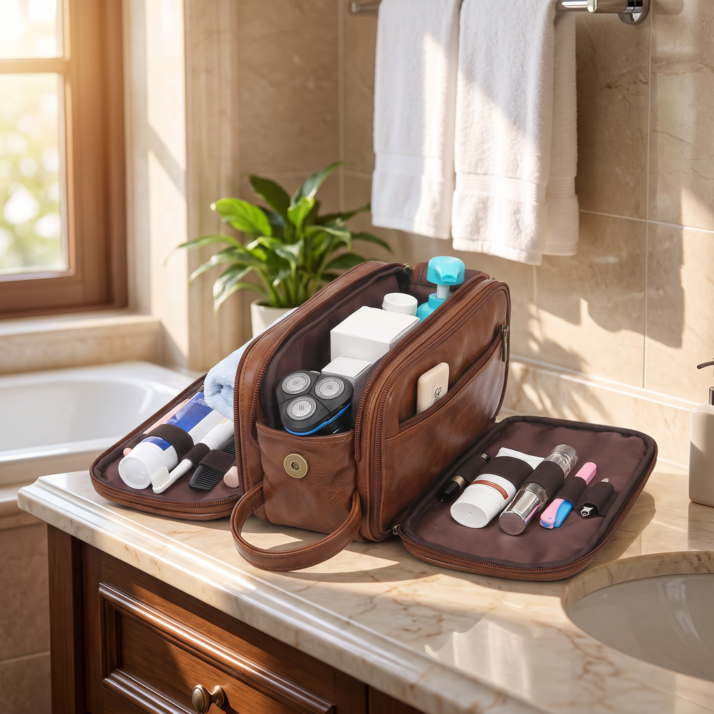 Men's travel toiletry bag in real-life use
