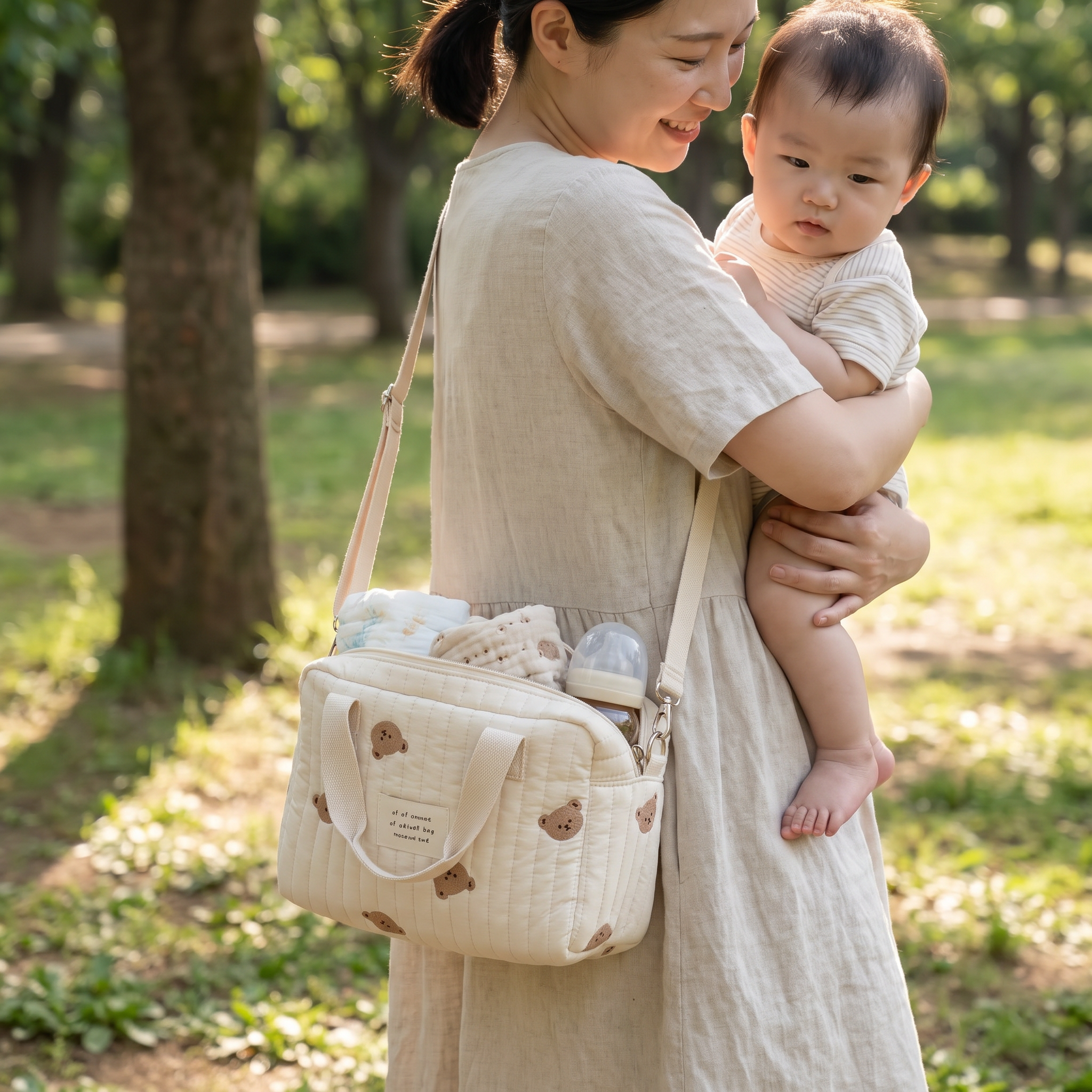 Travel diaper bag, print A, in real-life use