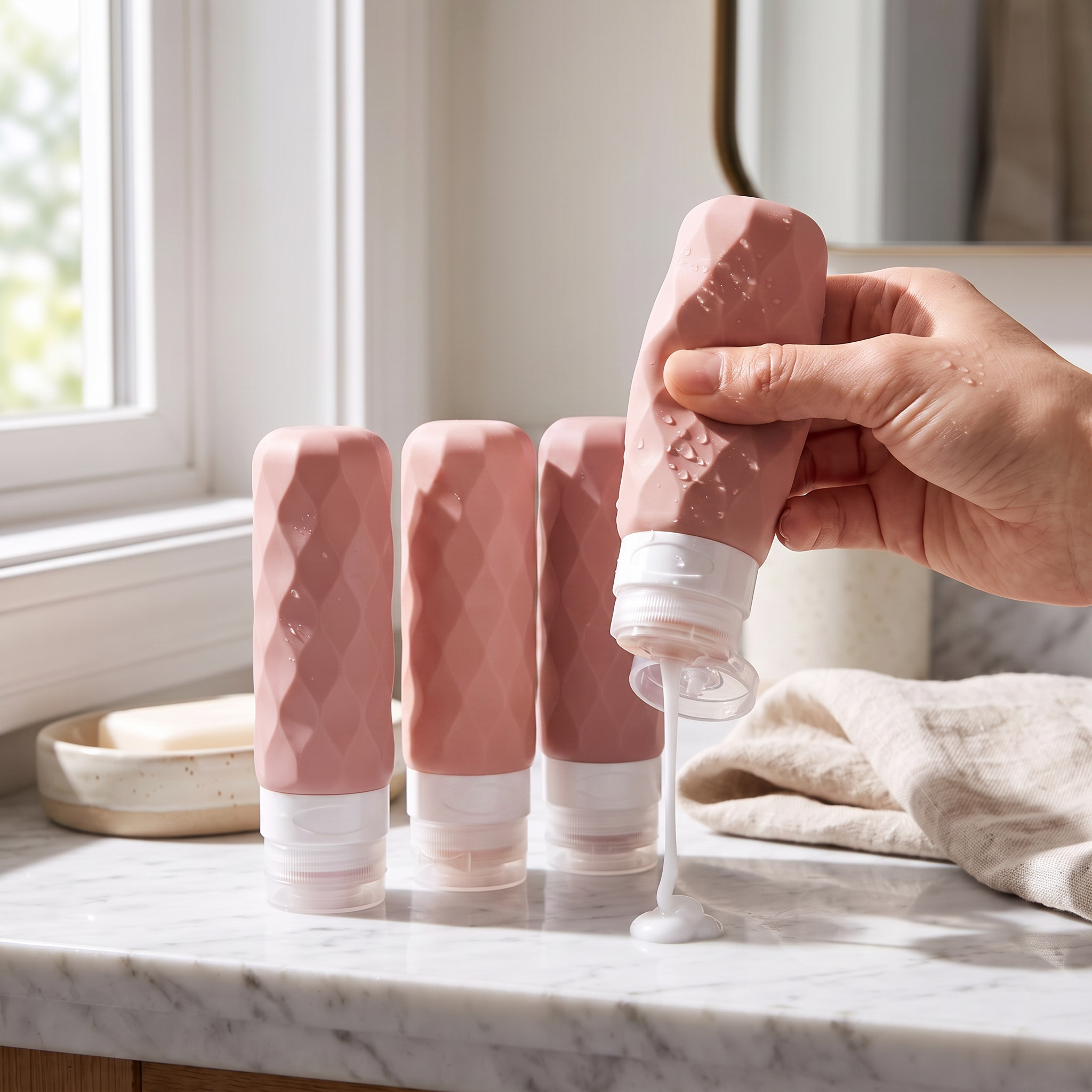 Rose travel bottle set, 4 pieces, in real-life use