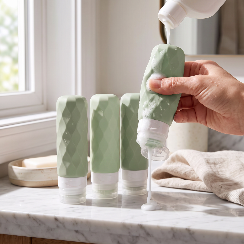 Green travel bottle set, 4 pieces, in real-life use