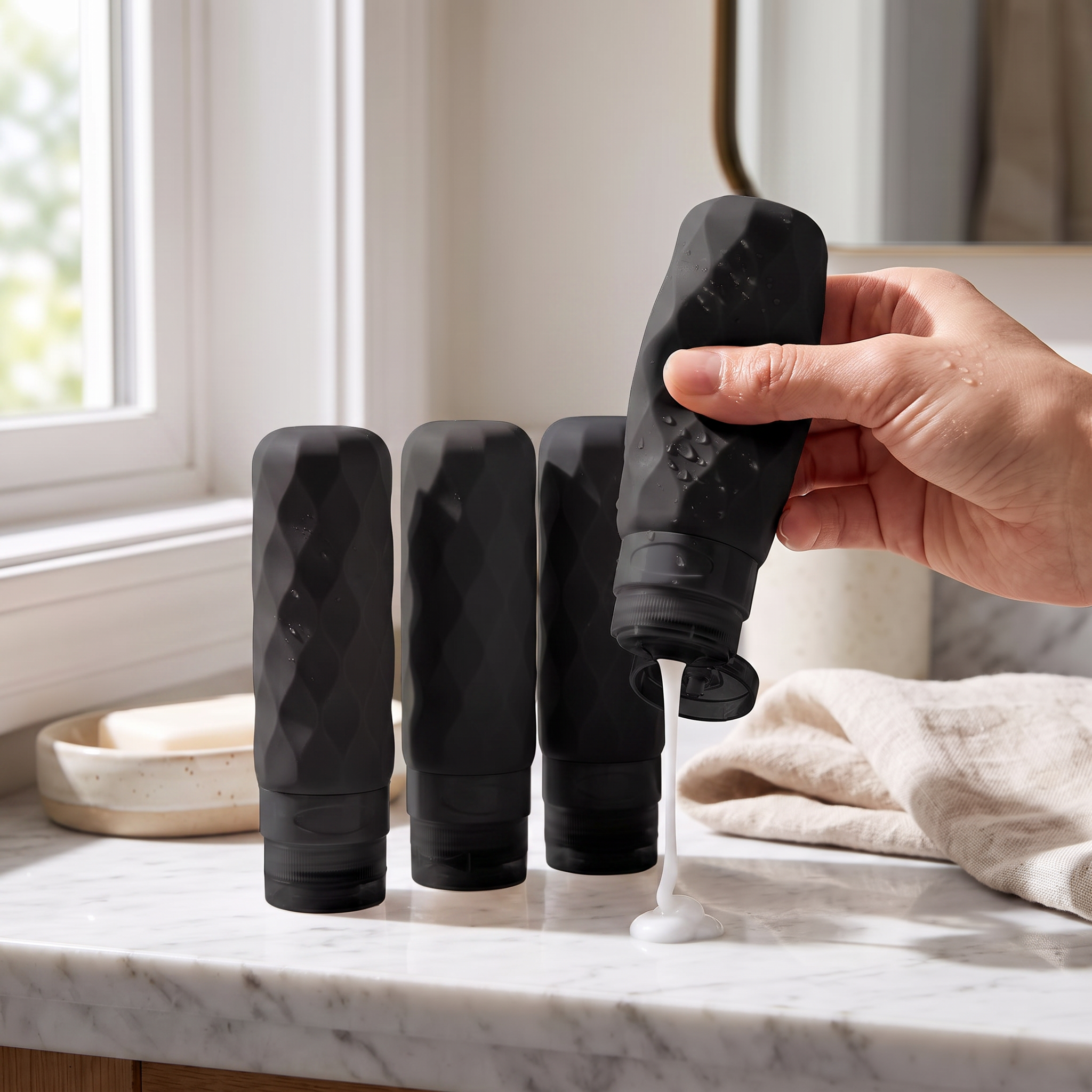 Black2 travel bottle set, 4 pieces, in real-life use