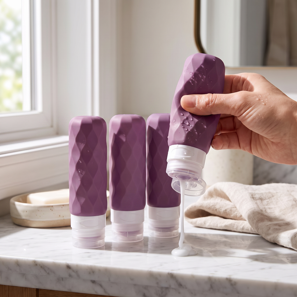 Purple travel bottle set, 4 pieces, in real-life use