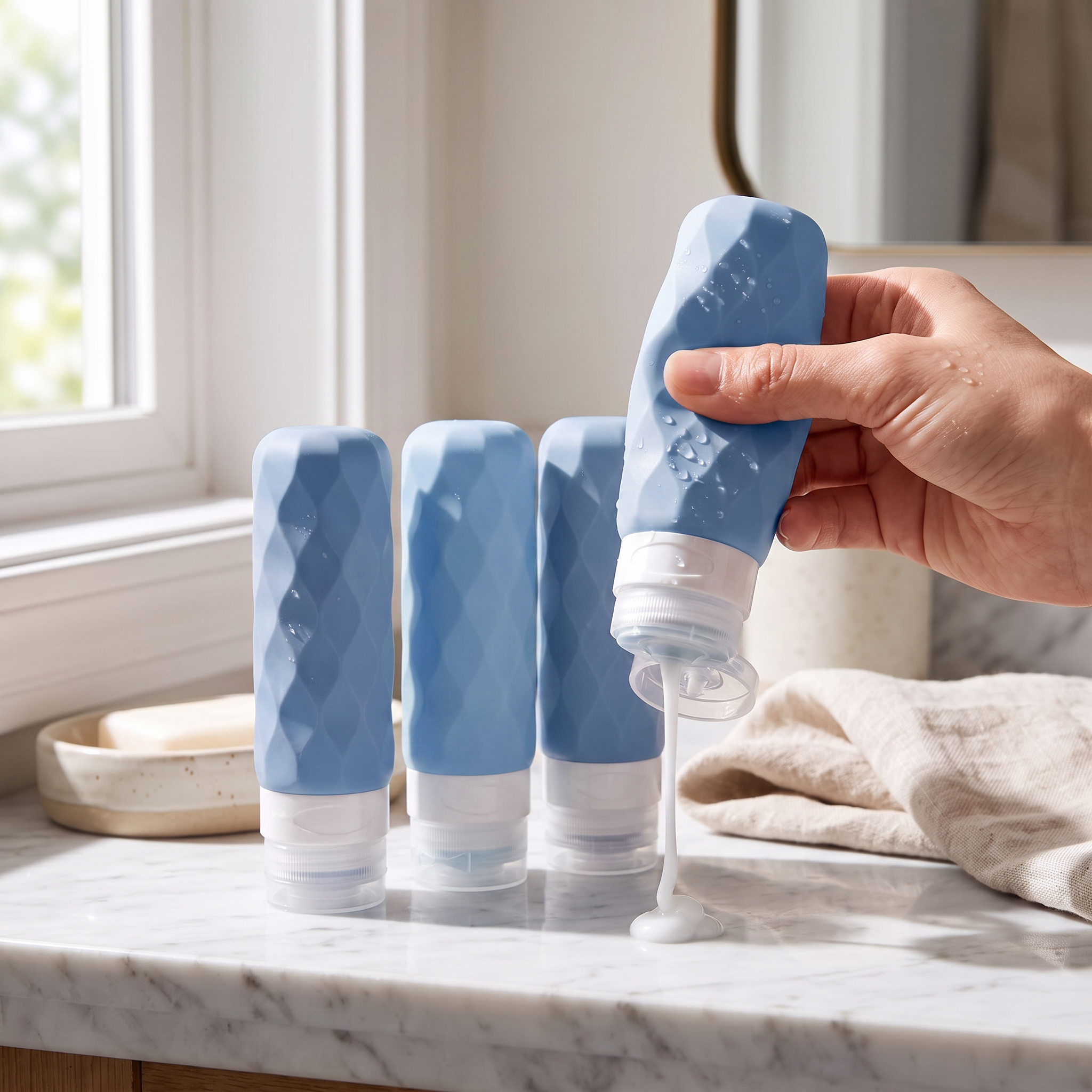 Blue travel bottle set, 4 pieces, in real-life use