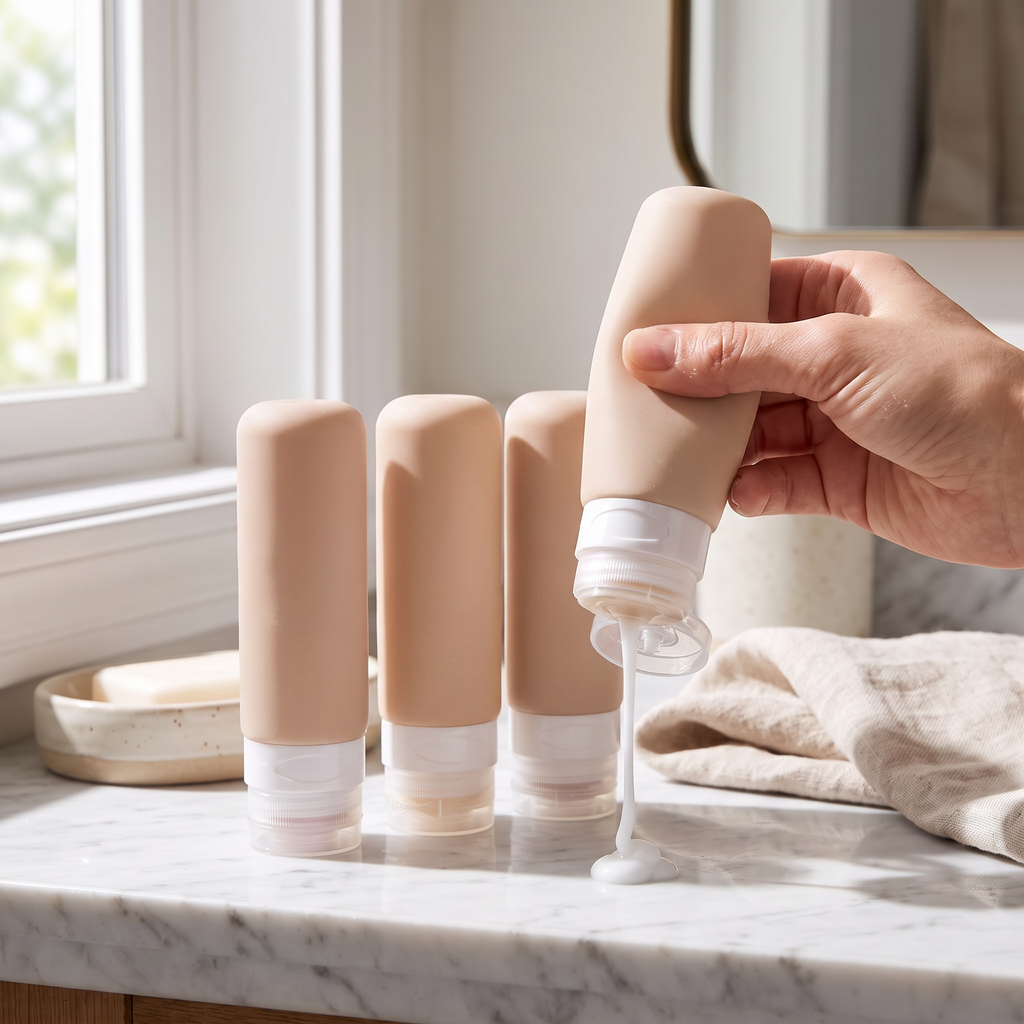 Skin travel bottle set, 4 pieces, in real-life use