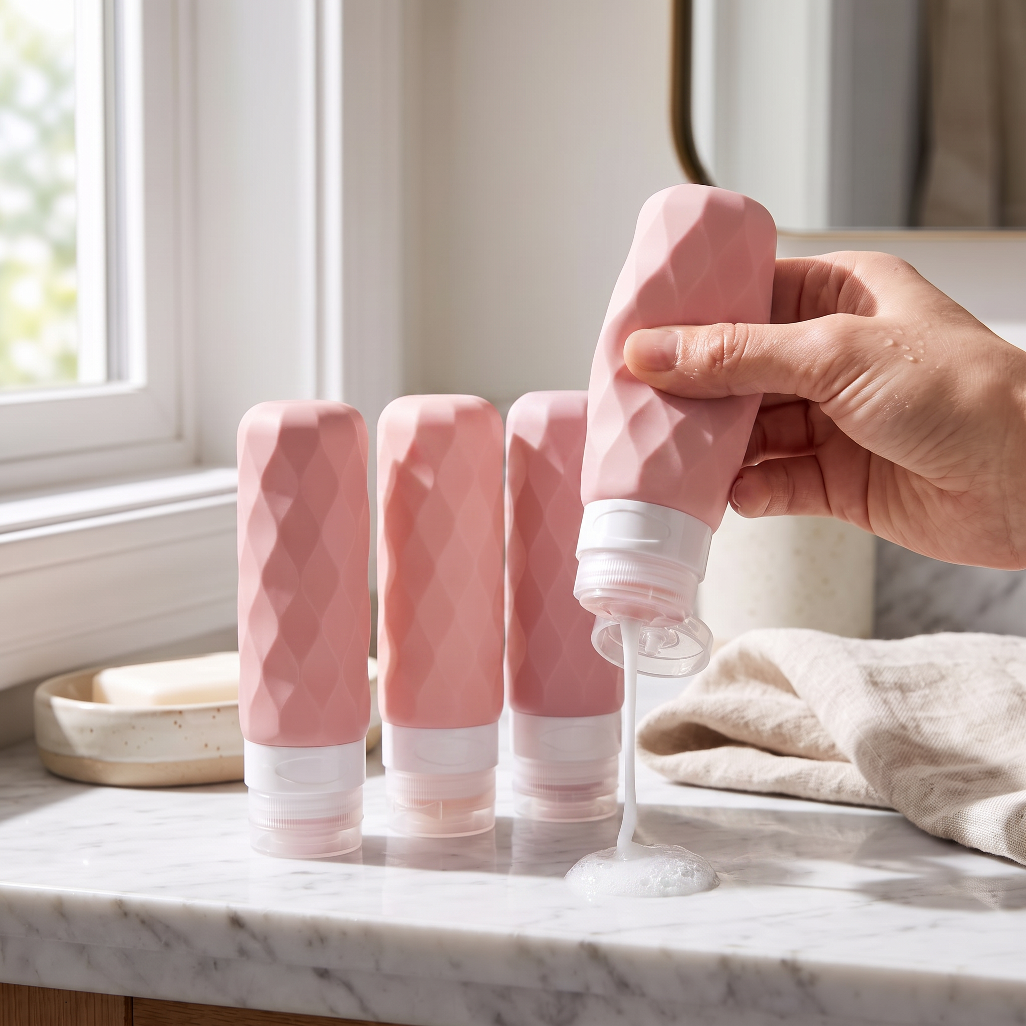 Pink travel bottle set, 4 pieces, in real-life use
