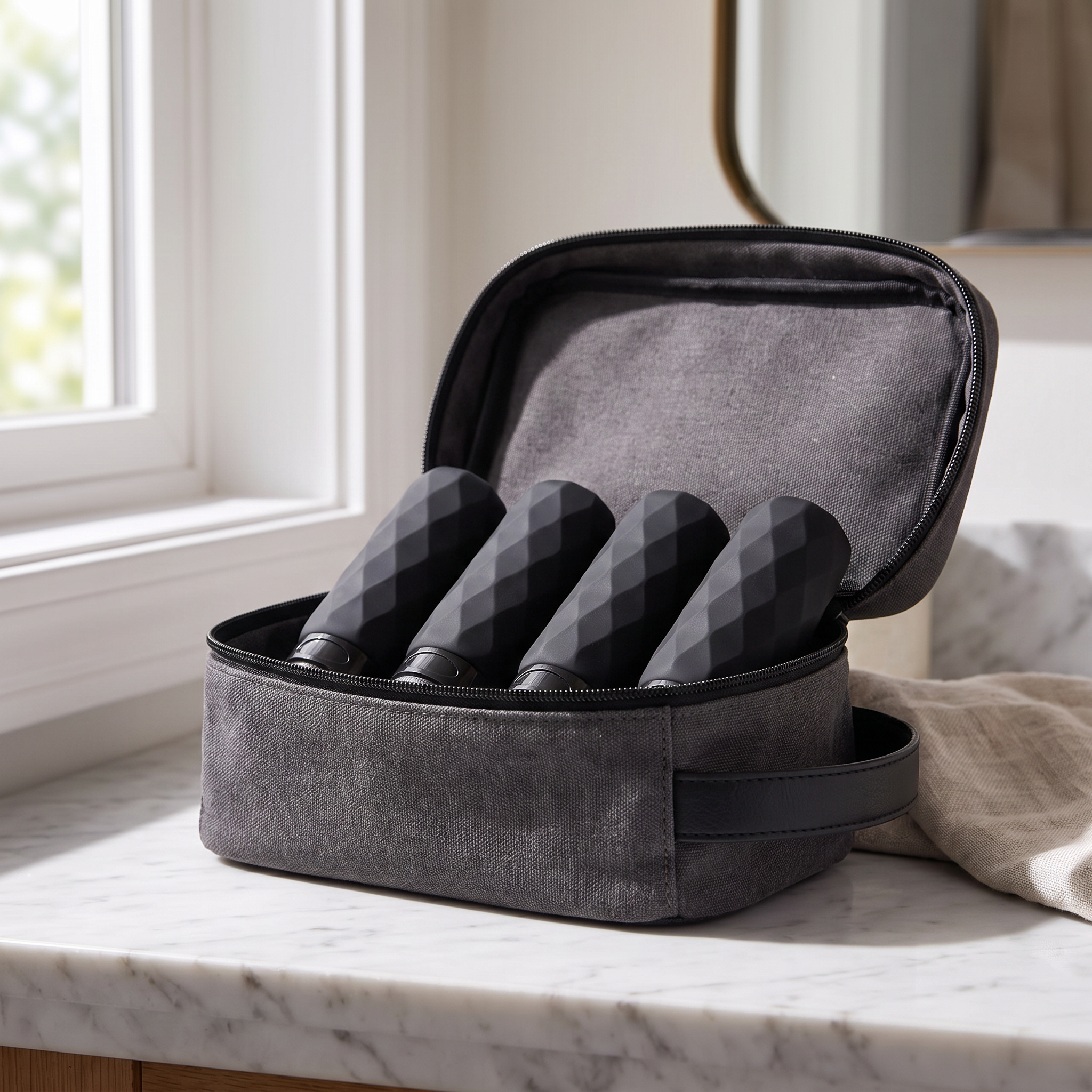 Travel Bottle Set 4pc - classic black, packed in toiletry bag