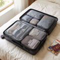 Gray packing cube set, 6 pieces, in real-life use