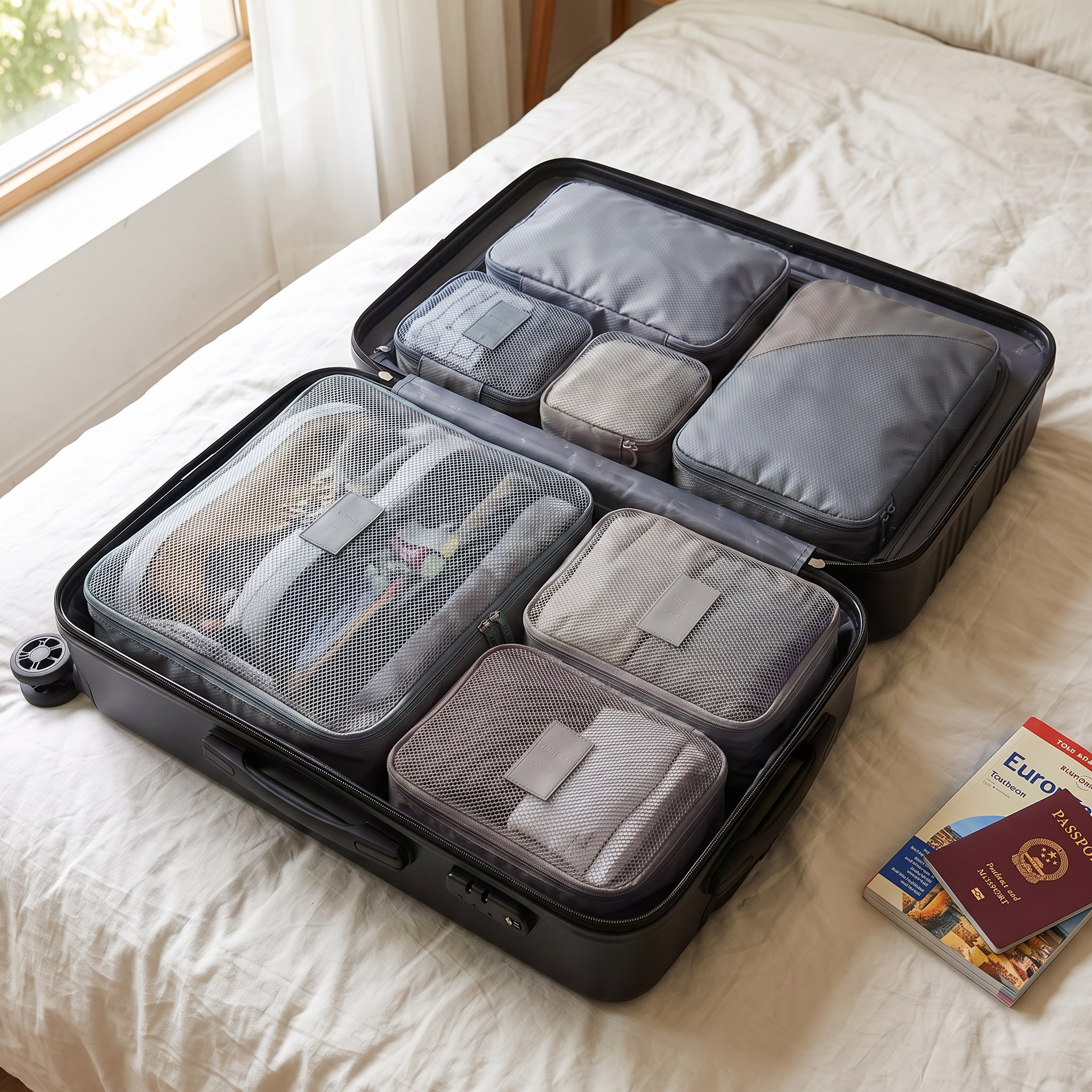 Gray packing cube set, 6 pieces, in real-life use