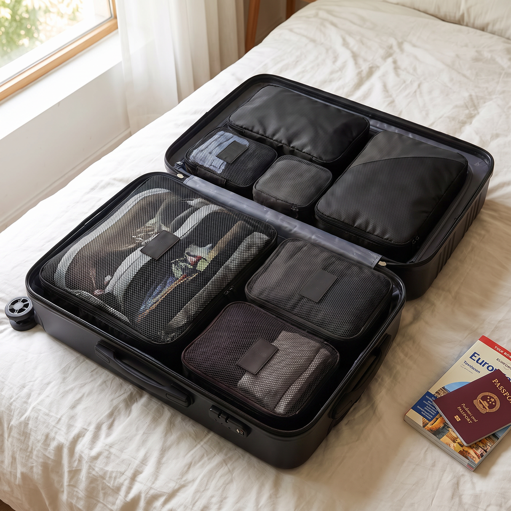 Black packing cube set, 6 pieces, in real-life use