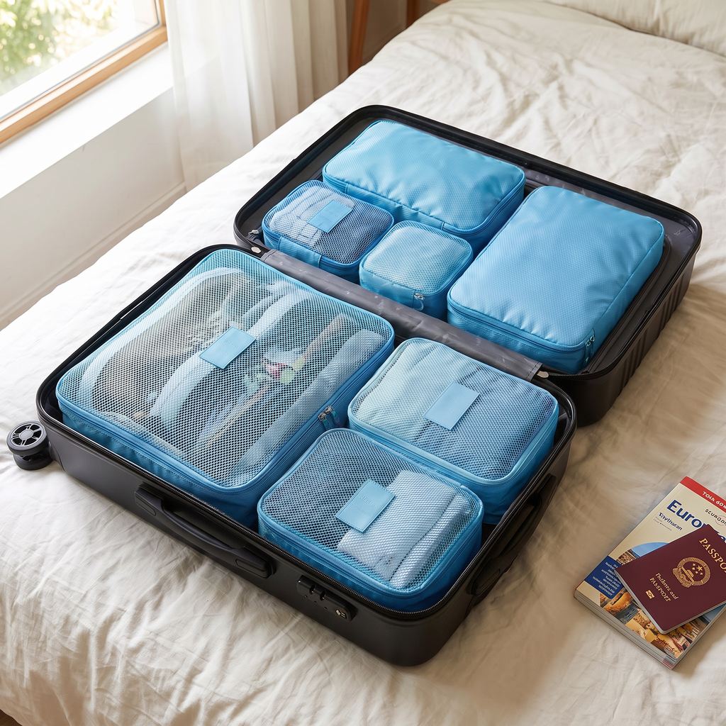 Sky blue packing cube set, 6 pieces, in real-life use
