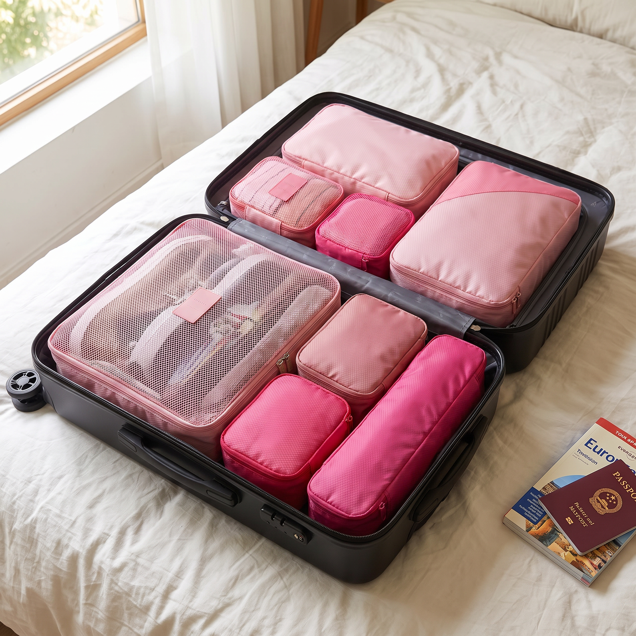Pink packing cube set, 6 pieces, in real-life use