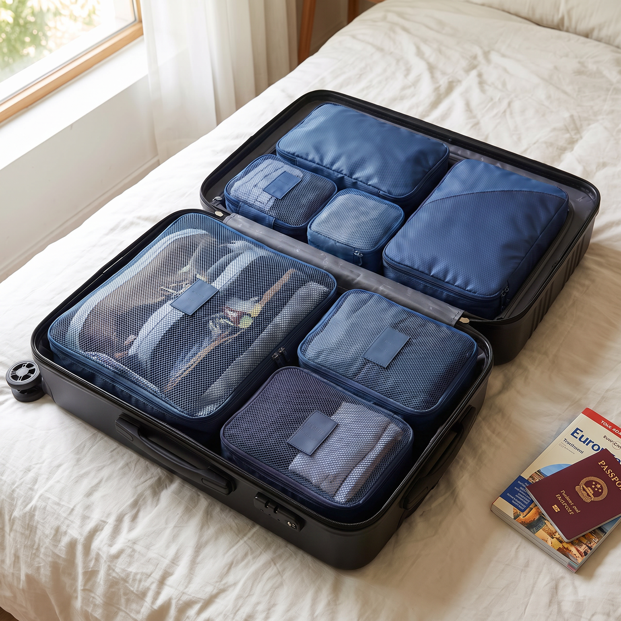 Dark blue packing cube set, 6 pieces, in real-life use