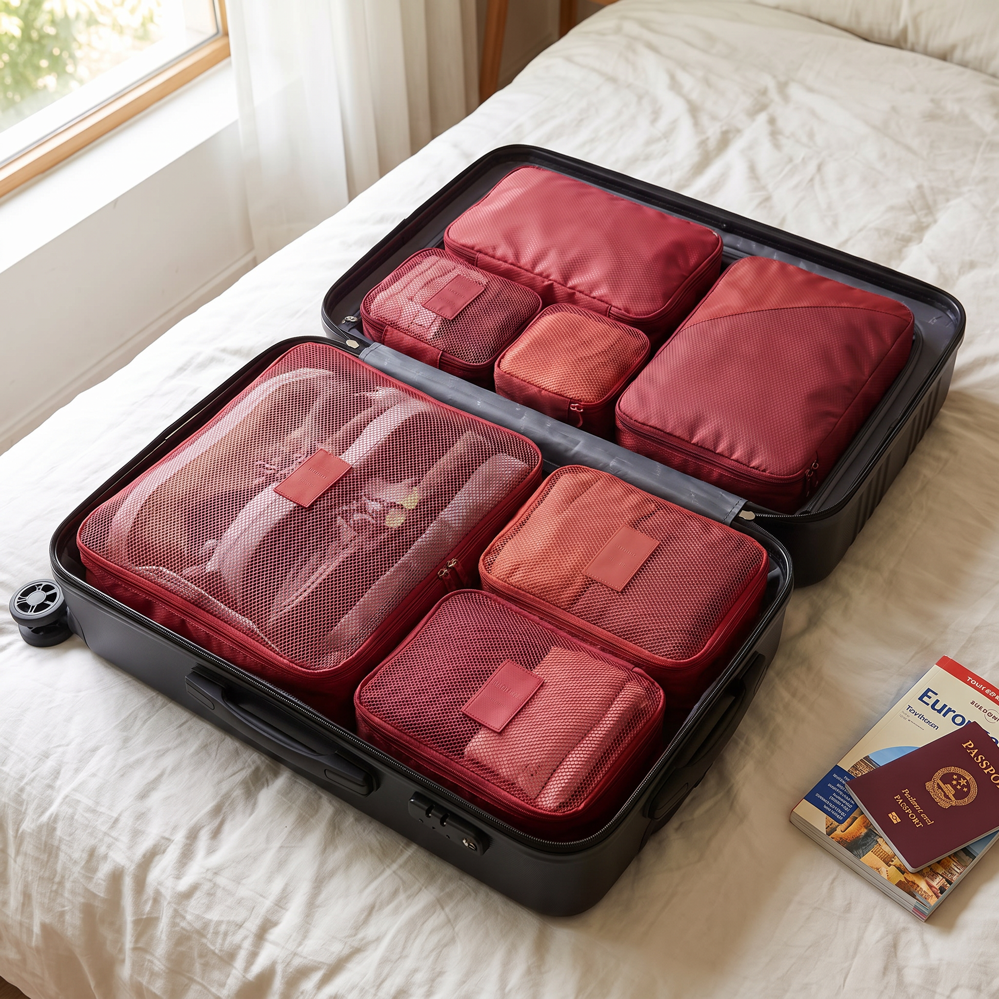 Red packing cube set, 6 pieces, in real-life use