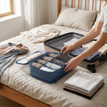 B Blue clothing storage organizer bag in real-life use