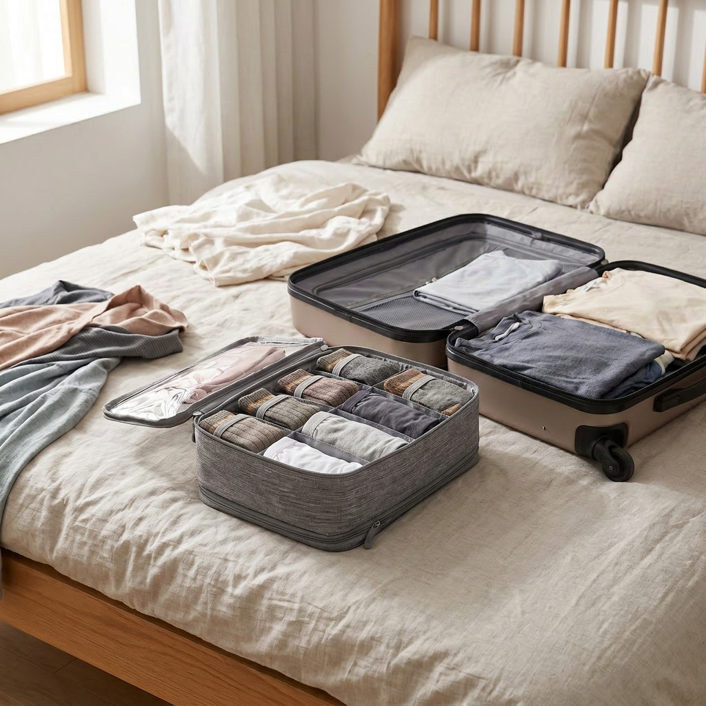 A Gray clothing storage organizer bag in real-life use