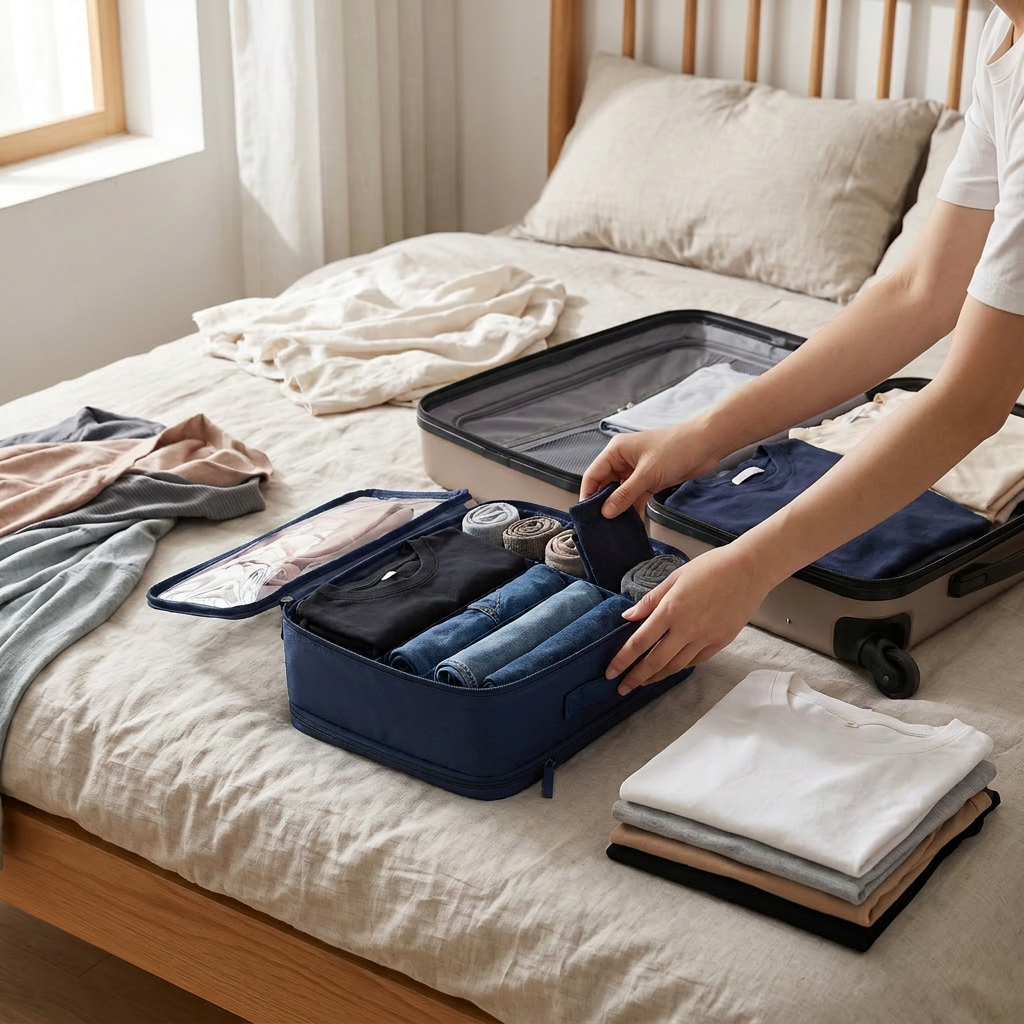 B Navy clothing storage organizer bag in real-life use