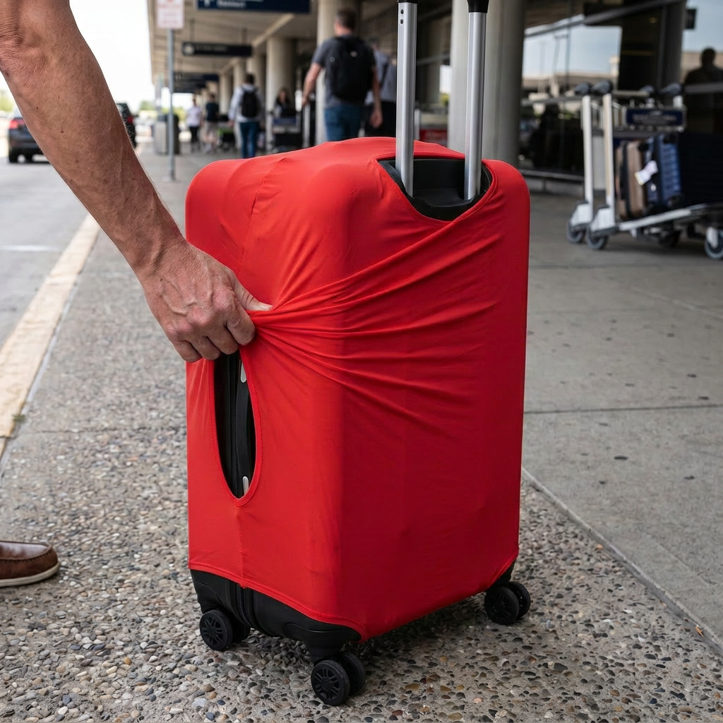 red / L elastic luggage cover in real-life use