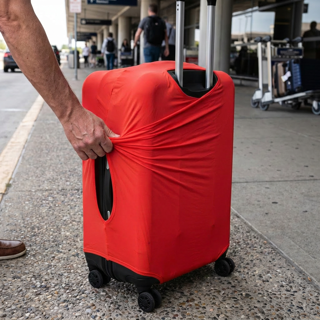 red / M elastic luggage cover in real-life use