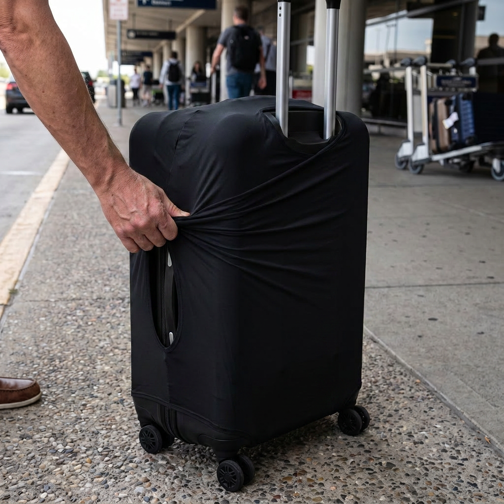 black / L elastic luggage cover in real-life use
