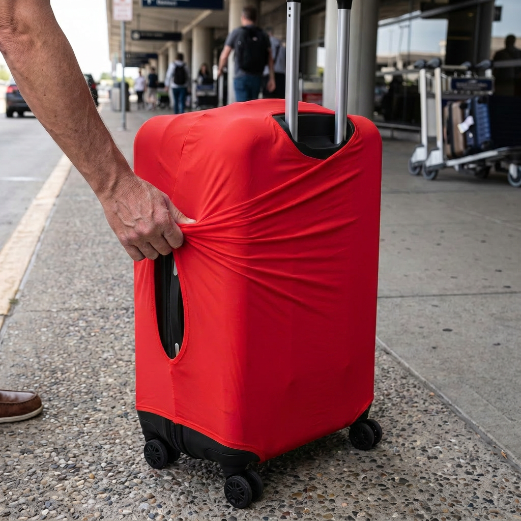 red / S elastic luggage cover in real-life use