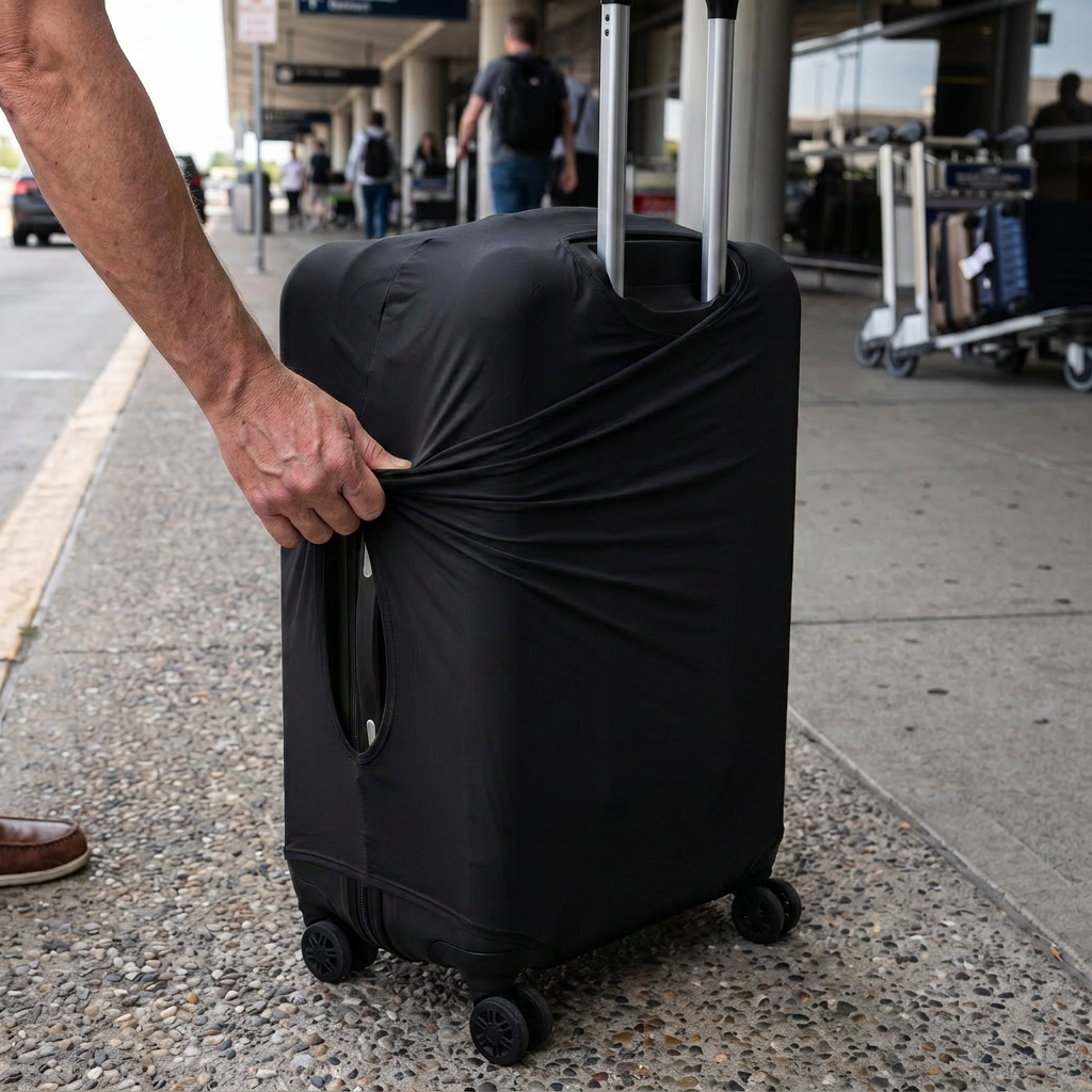 black / M elastic luggage cover in real-life use
