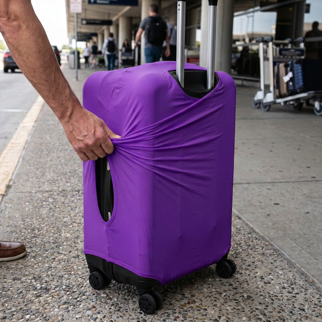 purple / M elastic luggage cover in real-life use