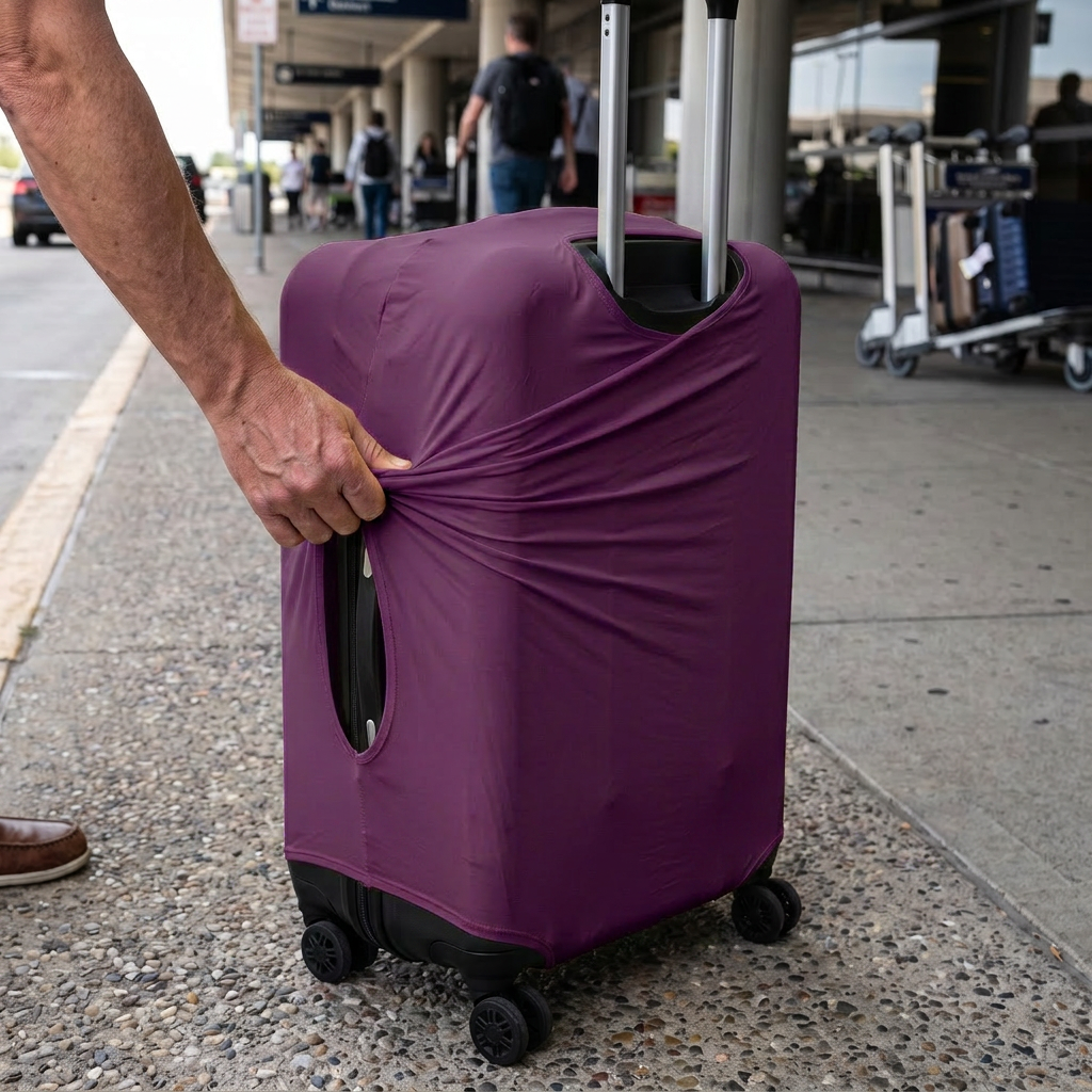 purple / S elastic luggage cover in real-life use