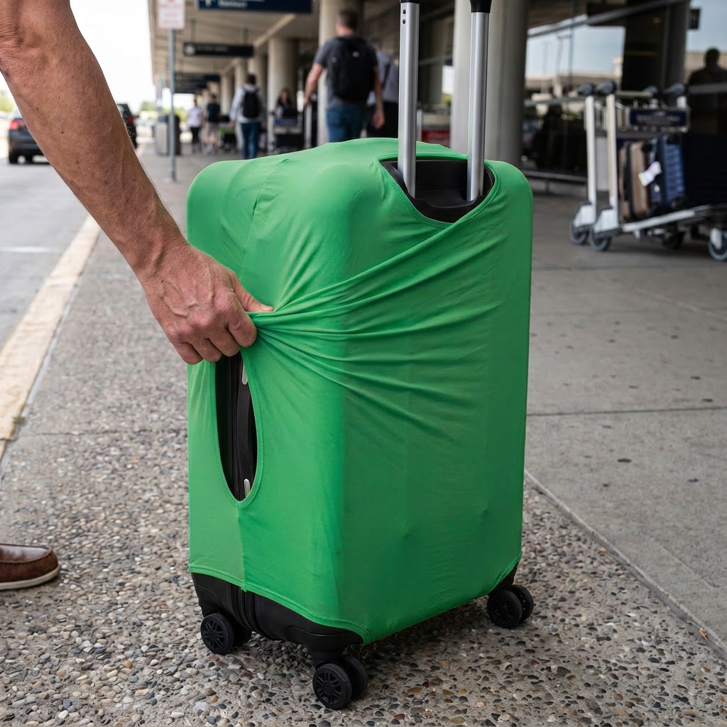 green / L elastic luggage cover in real-life use