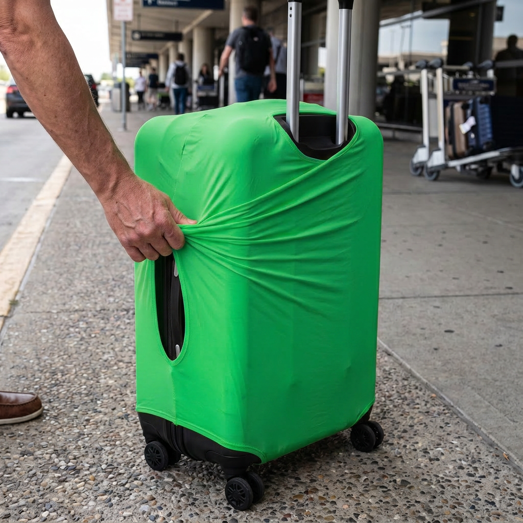 green / M elastic luggage cover in real-life use